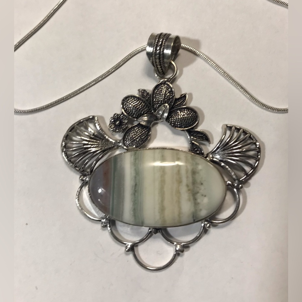 Moss Opal Stamped 925 Sterling Silver Necklace
